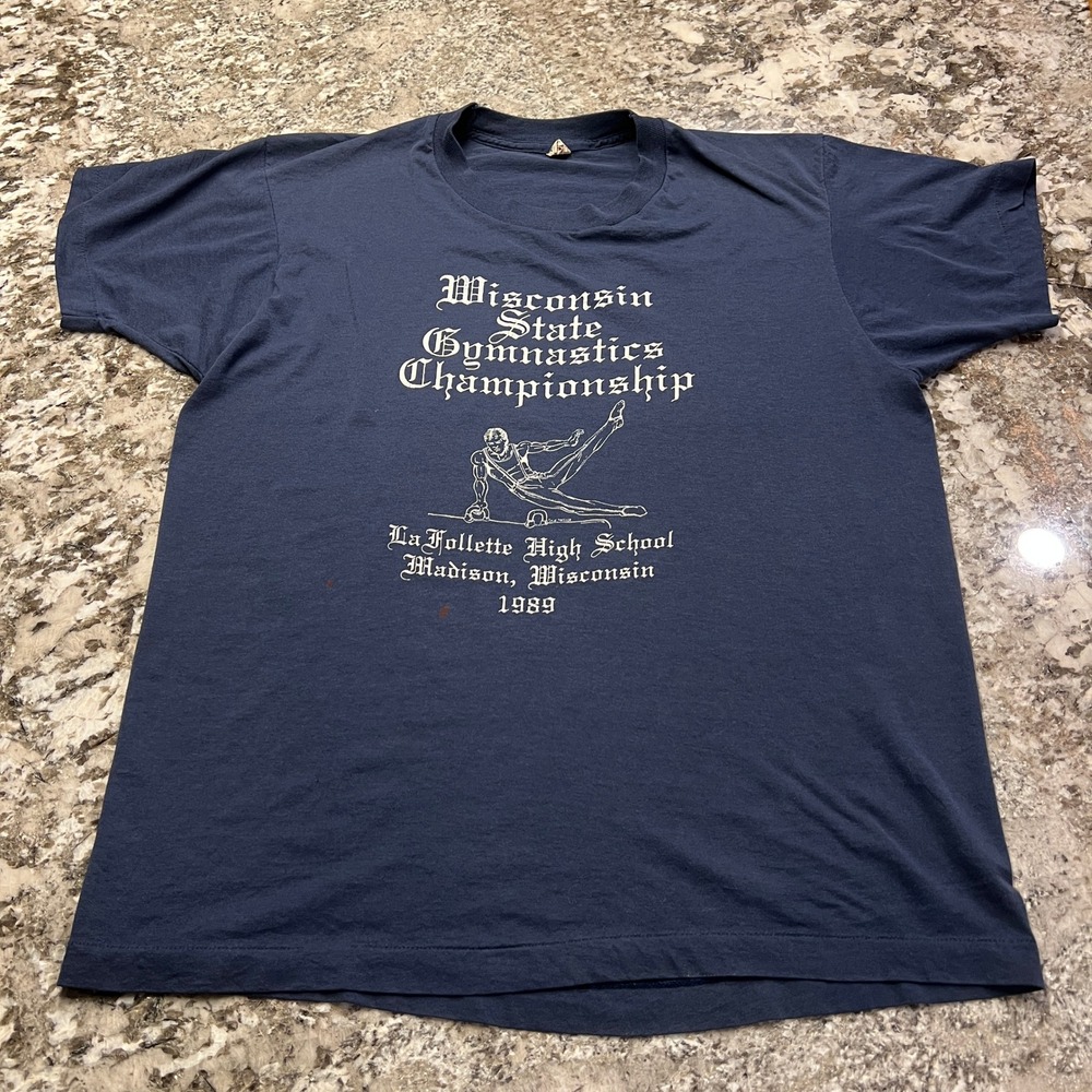 Vintage 1980s Wisconsin State‎ Gymnastics Championship T-Shirt 1989 Navy XL